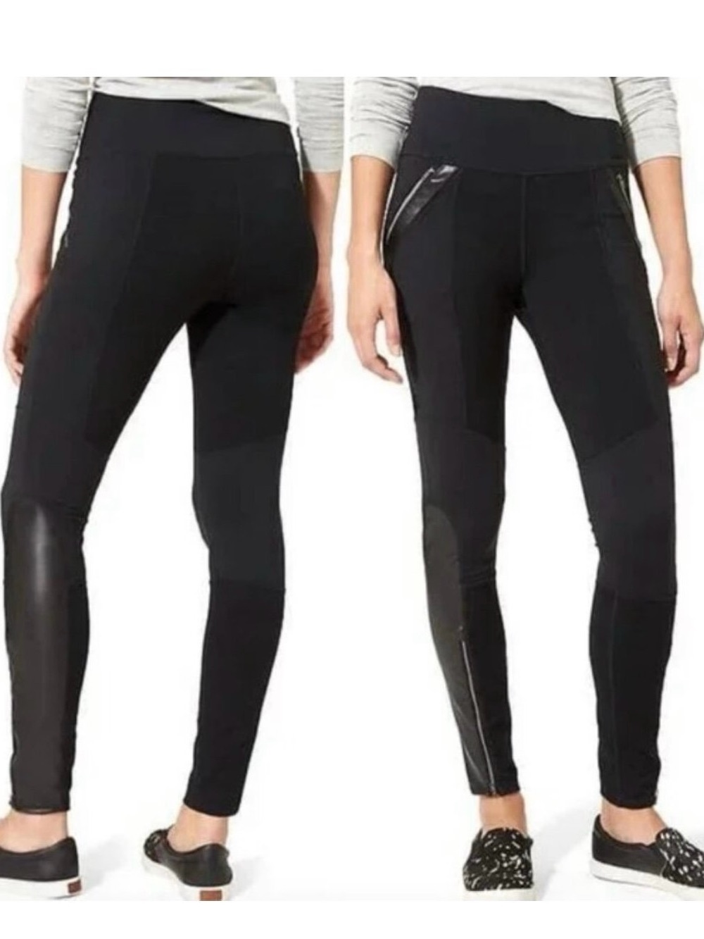 Athleta Black High-Waist Ponte Leggings with Zip & Faux-Leather Panels